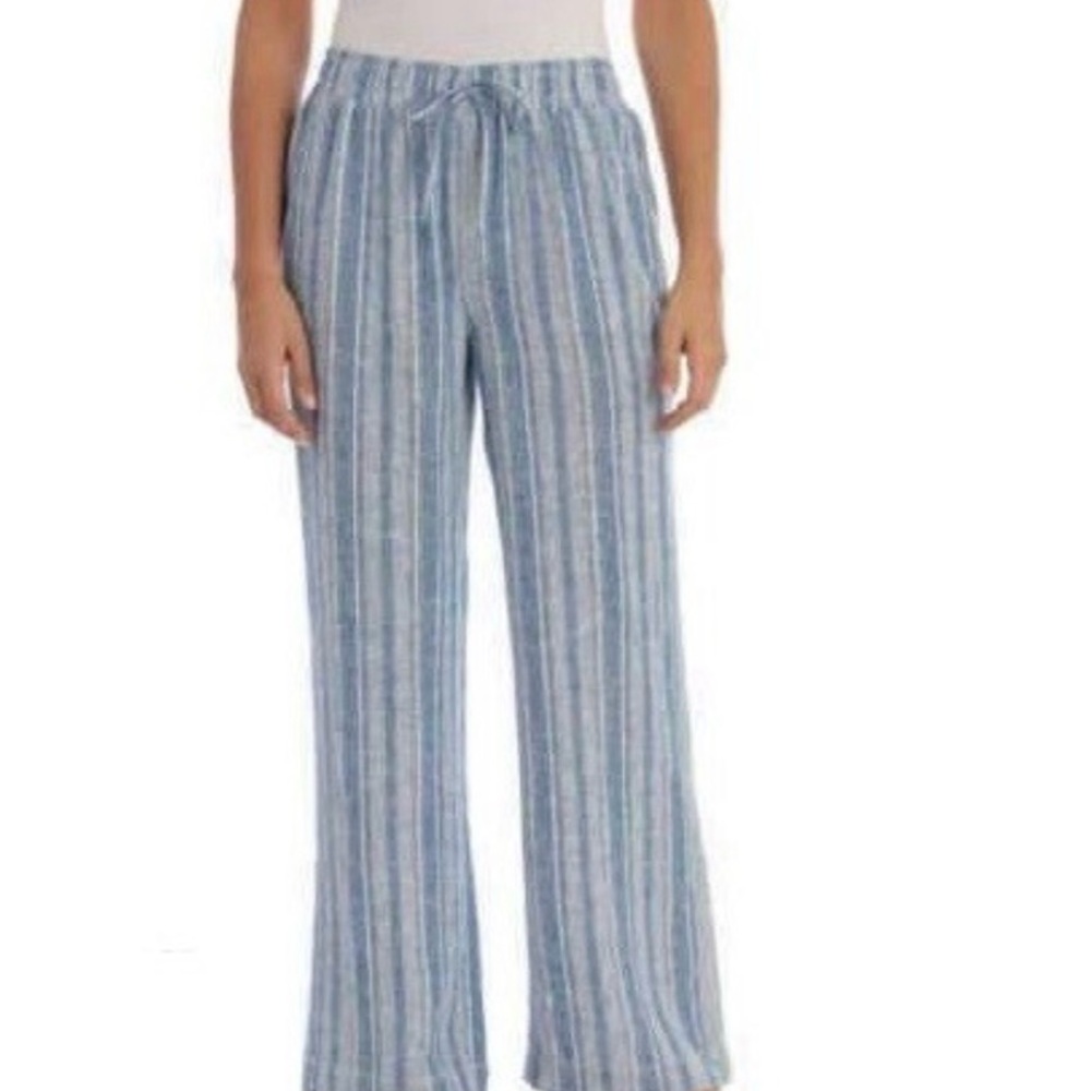 Briggs Linen‎ Blend Light Blue Striped Wide Leg Pants Beach Resortwear